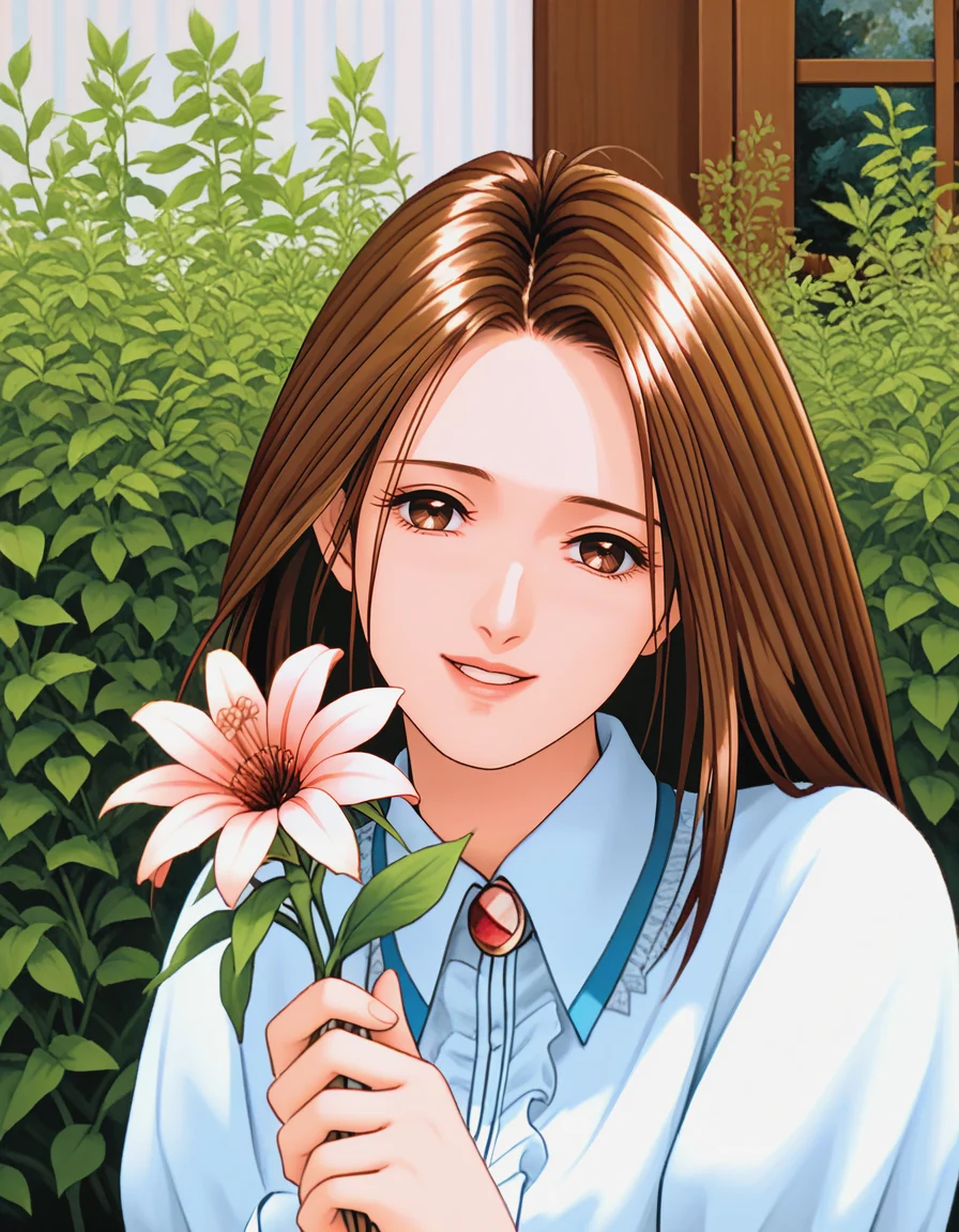 score_9, score_8_up, score_7_up, source_anime, masterpiece, high quality, 1girl,
<lora:ShirakawaReiko_Pony_v01:1> shirakawareiko, brown hair, brown eyes, hand in own hair, parted lips, smile, head tilt, flowers, holding flower,