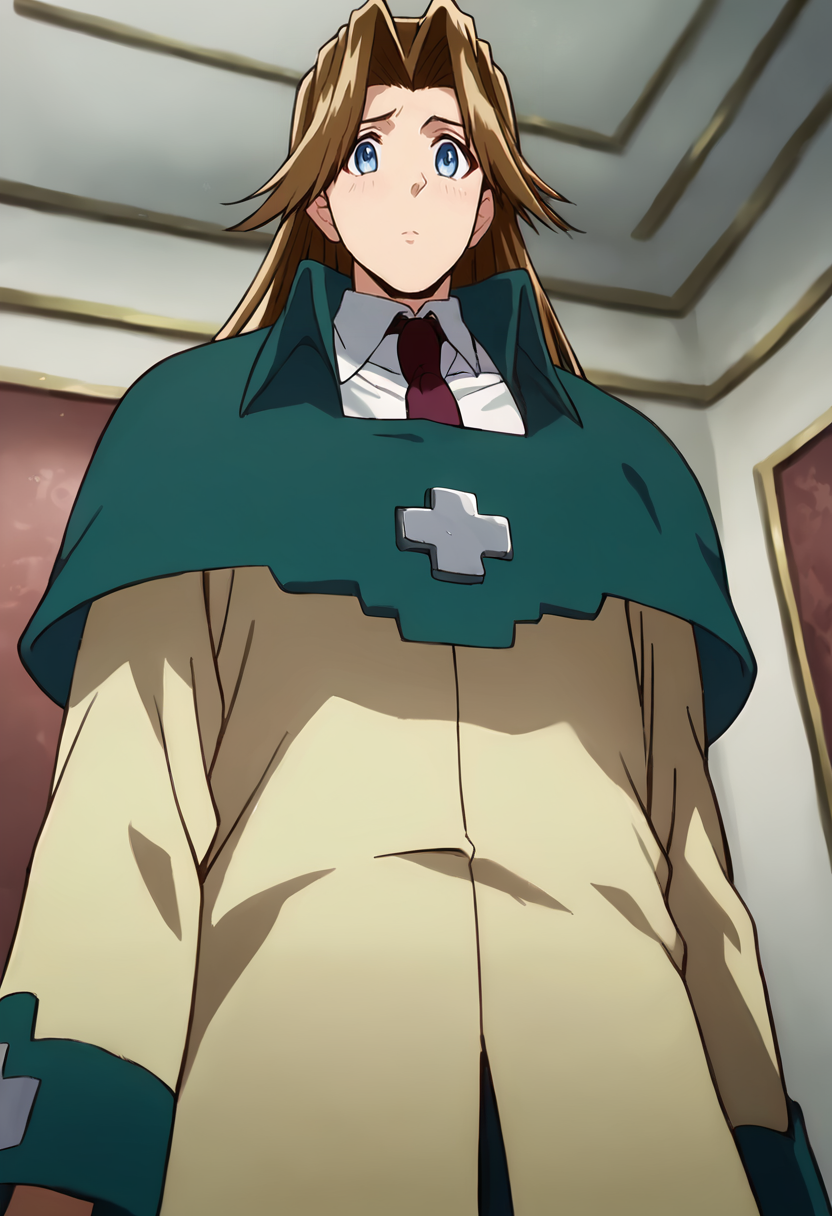 score_9, score_8_up, score_7_up, masterpiece, source_anime, 1girl, ct_m1lly, long hair, brown hair, blue eyes, large breasts, green capelet, beige coat, white collared shirt, red necktie, indoors, looking at viewer, cowboy shot, from below,  <lora:MillyThompson_Pony_ct_ver3-000008:0.9>