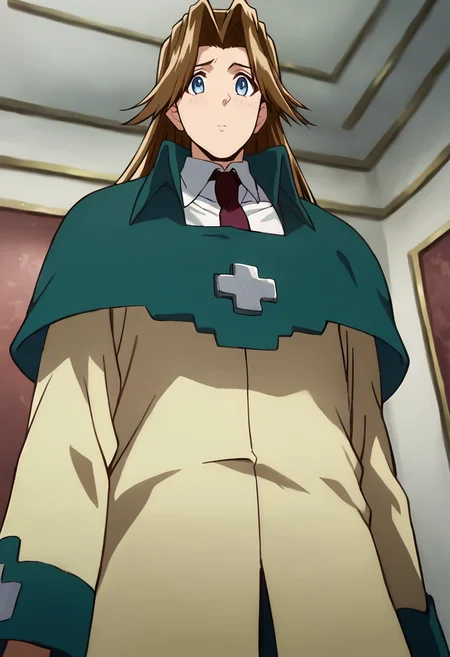 score_9, score_8_up, score_7_up, masterpiece, source_anime, 1girl, ct_m1lly, long hair, brown hair, blue eyes, large breasts, green capelet, beige coat, white collared shirt, red necktie, indoors, looking at viewer, cowboy shot, from below, <lora:MillyThompson_Pony_ct_ver3-000008:0.9>