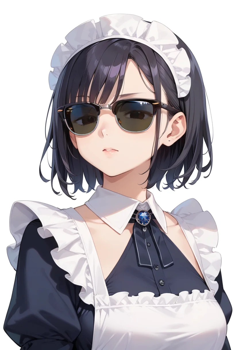score_9, score_8_up, score_7_up, rating_safe, masterpiece, best quality, absurdres, unity 8k wallpaper, official art, official style, source_anime, uncensored, game cg, megami magazine,
1girl, solo, black hair, medium hair, upper body, covered eyes,maid, maid headdress, black dress, maid apron,
sirmont, sunglasses, white background, simple background, reflection, glasses, english text, black-framed eyewear, grey-framed eyewear, two-tone eyewear, covered eyes,
<lora:glasses_clubmaster_PONY_V1:1>