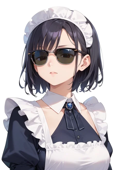 score_9, score_8_up, score_7_up, rating_safe, masterpiece, best quality, absurdres, unity 8k wallpaper, official art, official style, source_anime, uncensored, game cg, megami magazine,
1girl, solo, black hair, medium hair, upper body, covered eyes,maid, maid headdress, black dress, maid apron,
sirmont, sunglasses, white background, simple background, reflection, glasses, english text, black-framed eyewear, grey-framed eyewear, two-tone eyewear, covered eyes,
<lora:glasses_clubmaster_PONY_V1:1>