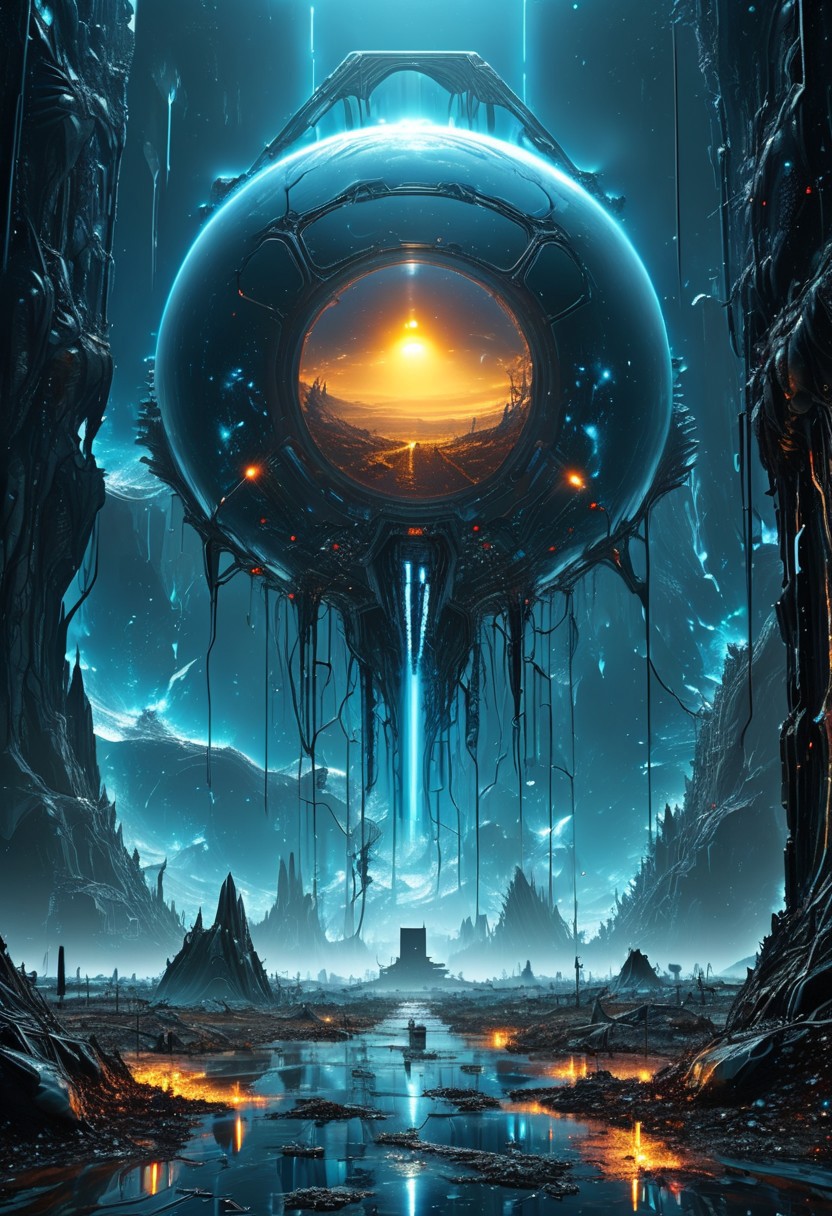 digital, masterpiece, EdobHorrorLandscape, 8k wallpaper. crystal clear, perfect details, (detailed art), absurdres,
surface of alien planet, earie, dark, ground covered in mucus, biological mess, covered in wires, huge alien sphere, (portal), in the middle, blue glow, blue beam.
moody lights, atmospheric, zoom in,