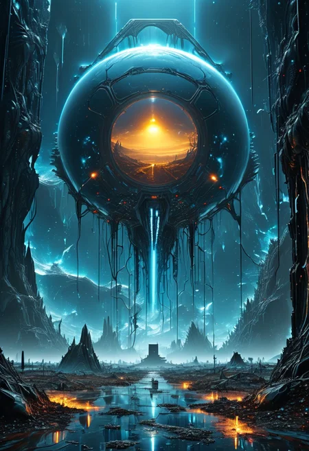 digital, masterpiece, EdobHorrorLandscape, 8k wallpaper. crystal clear, perfect details, (detailed art), absurdres,
surface of alien planet, earie, dark, ground covered in mucus, biological mess, covered in wires, huge alien sphere, (portal), in the middle, blue glow, blue beam.
moody lights, atmospheric, zoom in,