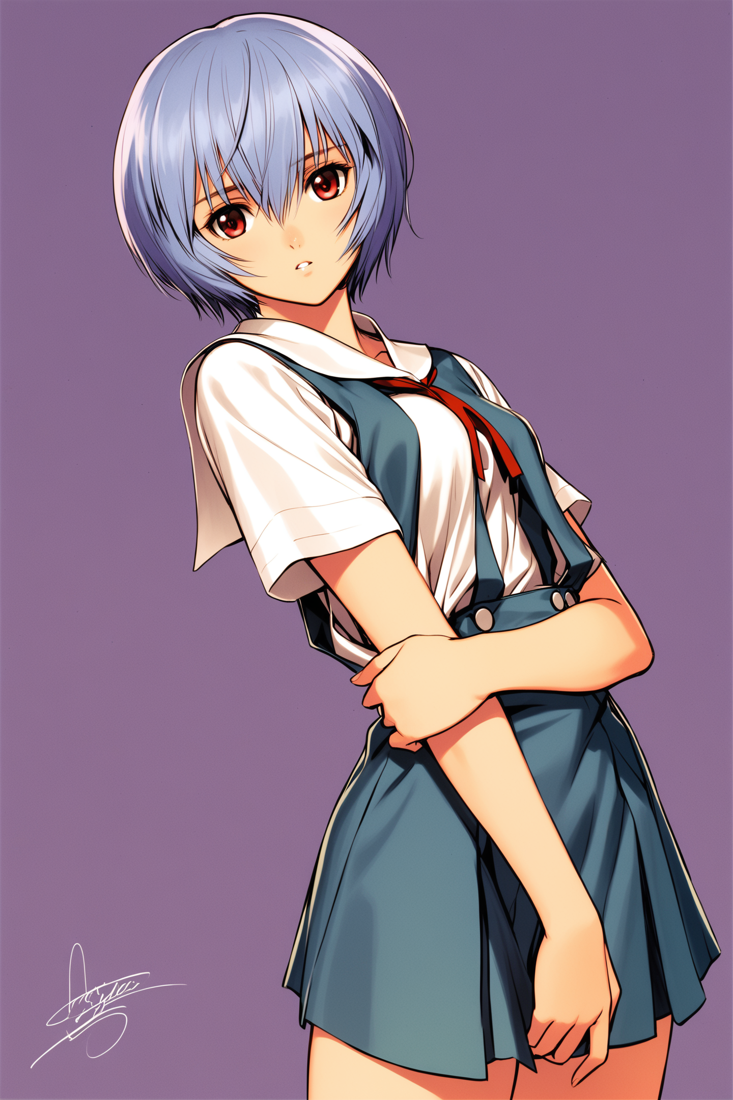 1girl,ayanami rei,solo,red eyes,short hair,school uniform,blue hair,tokyo-3 middle school uniform,signature,short sleeves,hair between eyes,suspender skirt,purple background,bangs,purple theme,shirt,cowboy shot,looking to the side,skirt,white shirt,looking at viewer,parted lips,suspenders,
<lora:tony_XL_V2:0.8>,