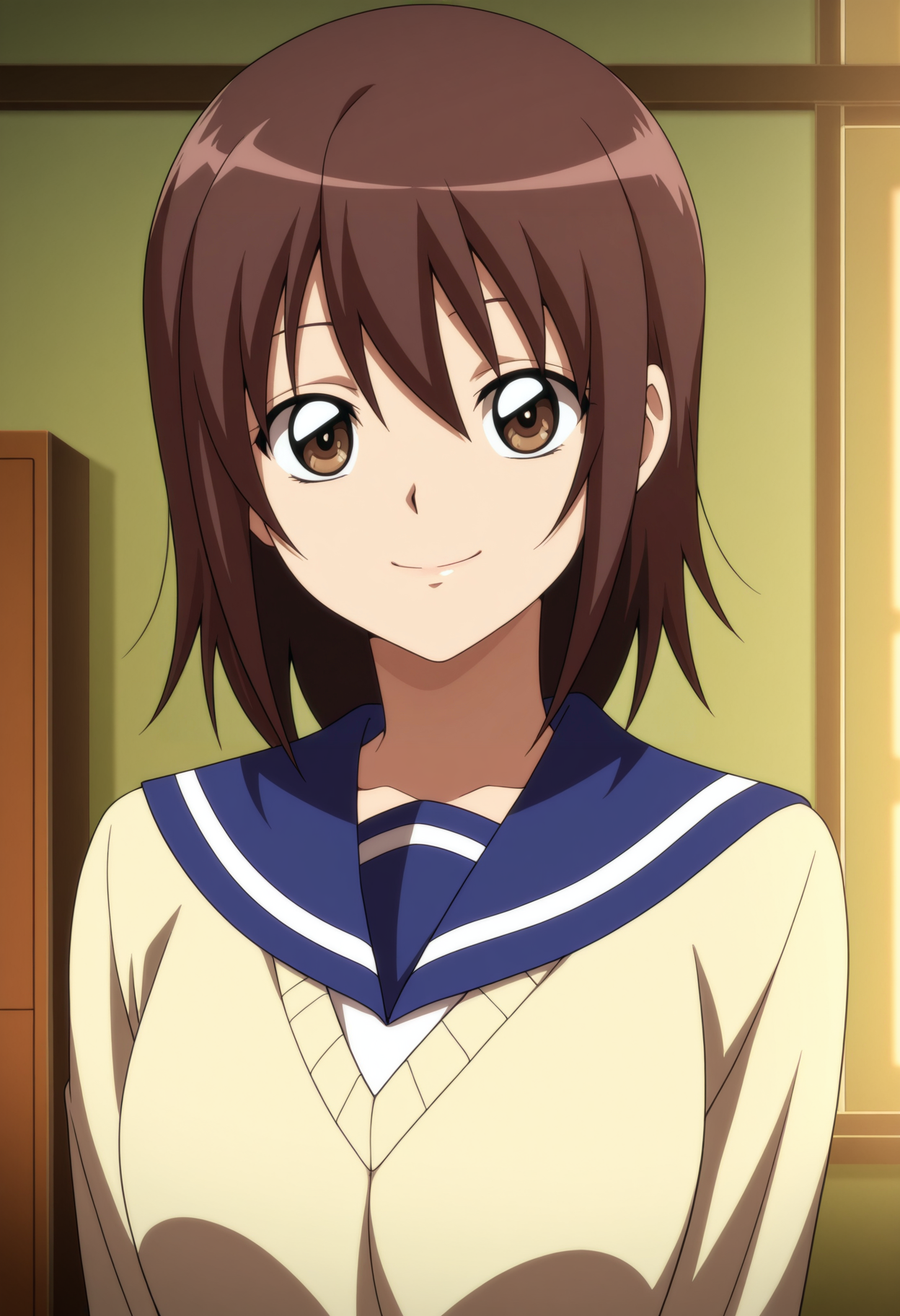 1girl,solo,mm,aged up,short hair,brown hair,brown eyes,anime coloring,
school uniform,serafuku,sweater,upper body, smile,looking at viewer, indoors
,masterpiece,best quality,amazing quality,<lora:Kana_Ienaga-Nurarihyon_no_Mago:0.9>