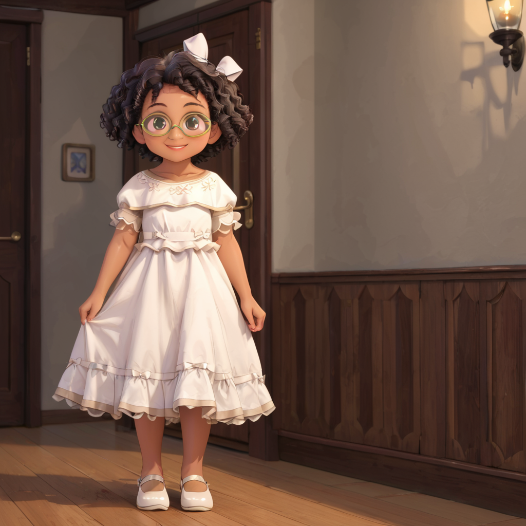 indoors, <lora:Young_Mirabel_Madrigal_Encanto:1> ymirabel, 1girl, solo, dark skin, white dress, brown curly hair, white hair bow, green-framed eyewear, brown eyes, smile, white footwear