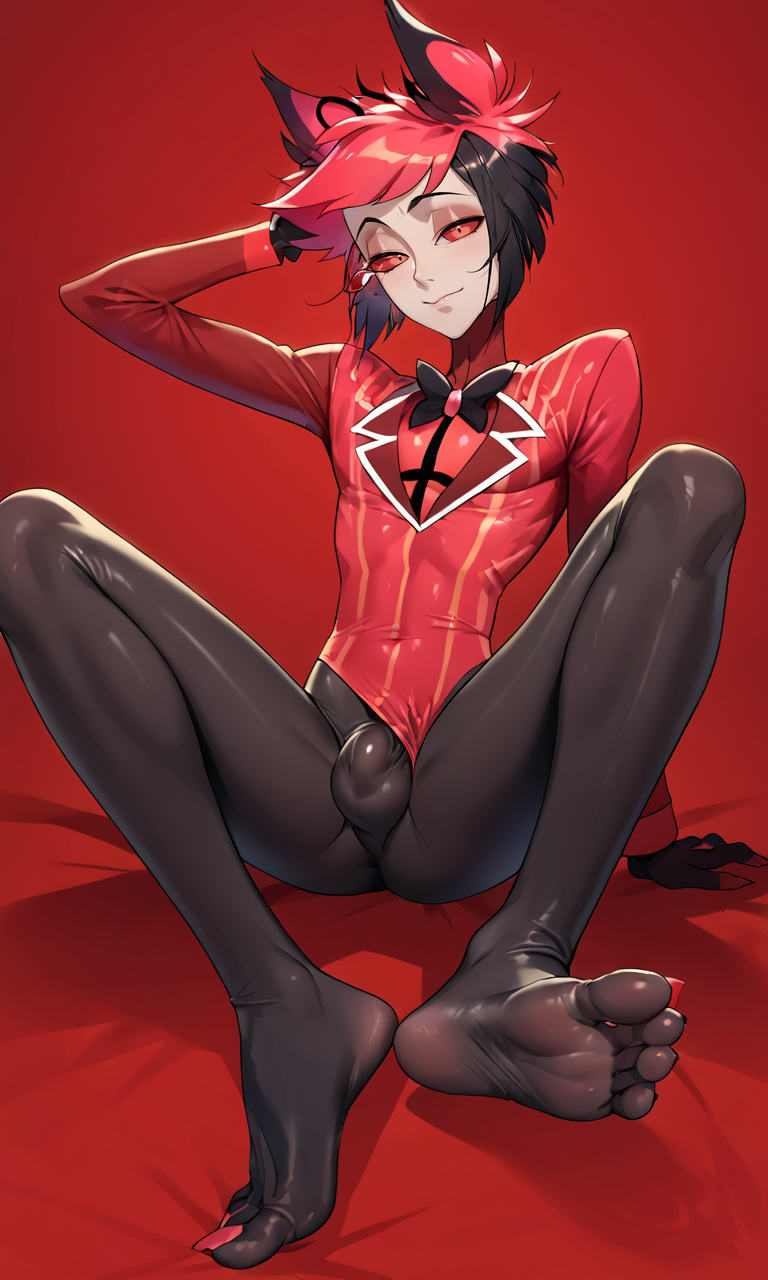detailed man face, score_9, score_8_up, score_7_up, score_6_up, score_5_up, score_4_up, alastor_hh, alastor \(hazbin hotel\), 1boy, male focus, bulge, solo, black hair, bodysuit, feet, messy hair, red bodysuit, erection under clothes, soles, red eyes, superhero, colored background, toes, skinny male, full body, spider web print, looking at viewer, simple background, short hair, erection, sitting, foot focus, black bodysuit, cosplay, hand on own head, closed mouth, foreshortening