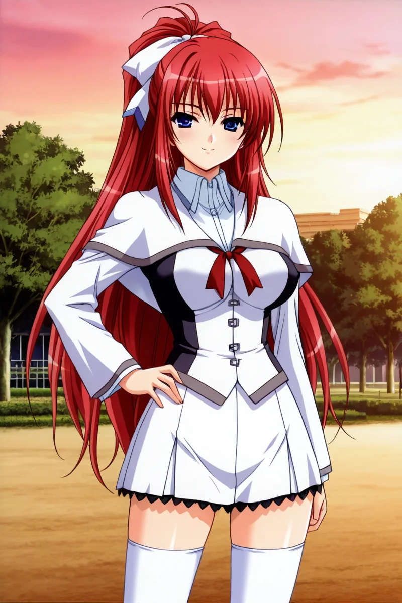 <lora:shiratori_mikoto_iny_ills:1>shiratori mikoto, school uniform, white short capelet, 1girl, solo, long hair, blue eyes, white fitted skirt with black frills, school bulding background, school park, outdoor, thighhighs, side white big hair bow, ponytail, red hair, white thighhighs, zettai ryouiki, one hand on hip,  seductive smile, high resolution,  cowboy shot, looking on viewer, large breast, (white thight sleeves), (red ribbon tie under capelet), slender body, young-adult,