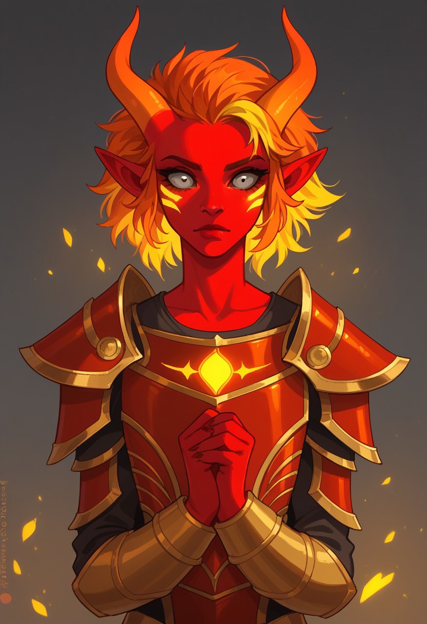 score_9, score_8_up, score_7_up, score_6_up, score_5_up, score_4_up,  zPDXL2, solo, Tiefling,  dark gray eyes, orange horns with square markings and yellow glowing tips, orange hair with yellow highlights, white and red skin, and red armor with yellow squares