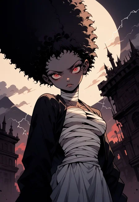 score_9, score_8_up, score_7_up, marsim, 1girl, solo, breasts, white skin, black afro, afro, white streak, white streak in afro, two white streaks in afro, lightning, white streaks in afro, looking at viewer, gothic horror, gothic castle,, 2d, flat color, sinozick style, dark theme, monochrome, black and white, simple white dress, mummy bandages,