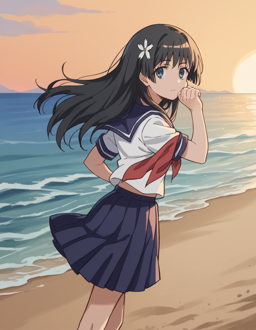 score_9, score_8_up, score_7_up, source_anime, <lora:saten-ruiko-s3-ponyxl-lora-nochekaiser:1>, saten ruiko, black hair, blue eyes, long hair, hair ornament, flower ornament,, blue skirt, pleated skirt, sakugawa school uniform, school uniform, serafuku, skirt, summer uniform,, beach, sunset, walking along shore, footprints in sand, waves, peaceful, , looking at viewer, hand touching face, foot pointed, elbow up, solo,, cowboy shot, dutch angle