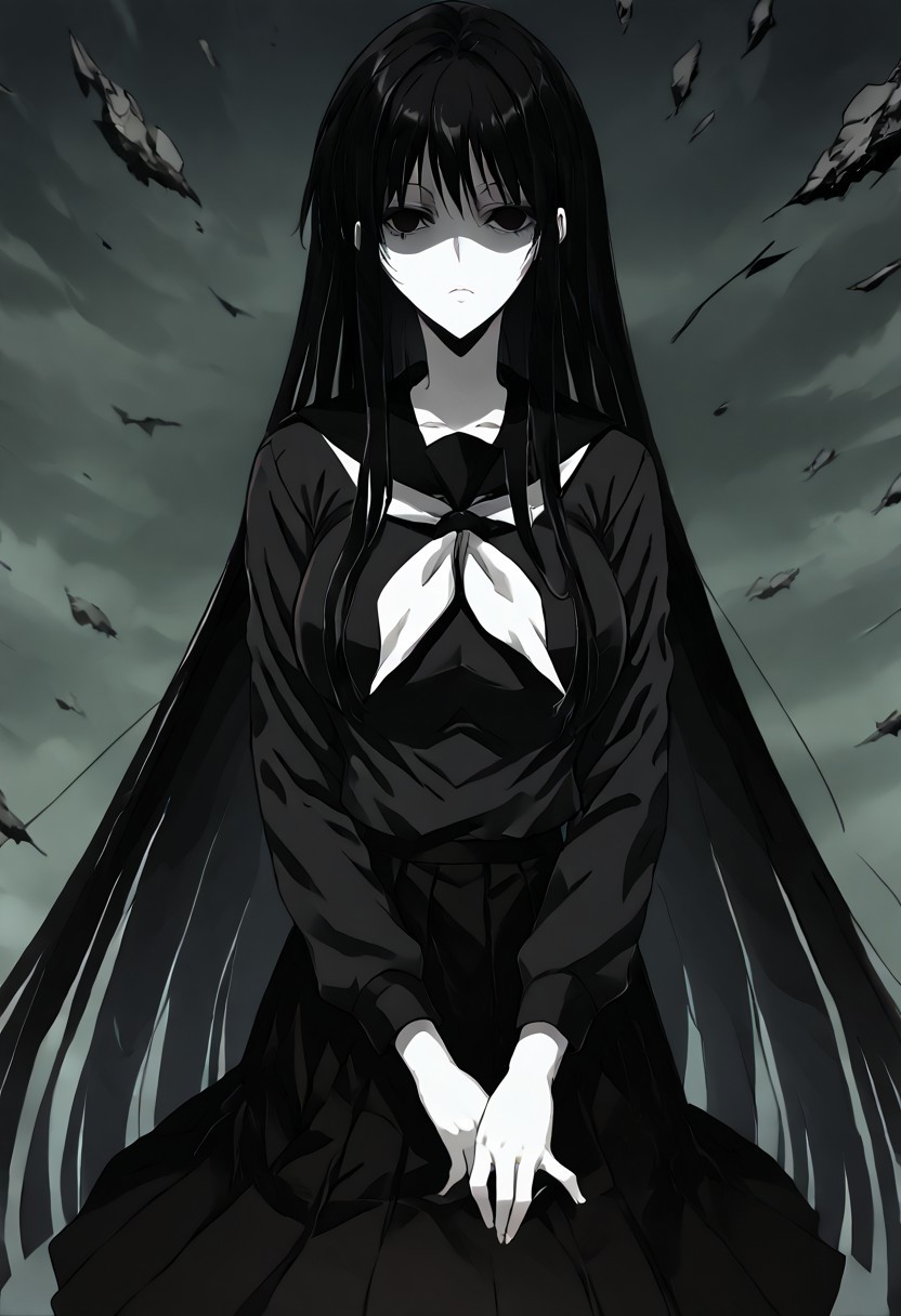 score_9, score_8_up, score_7_up, score_6_up, score_5_up, score_4_up, source_anime, 1girl, 1others, solo, 
hagoromogitsune,monochrome girl,shaded face,empty eyes,black hair,pale skin,white skin,large breasts,very long hair,
school uniform,black serafuku,serafuku,black shirt,black skirt,
masterpiece, best quality, very aesthetic, absurdres,