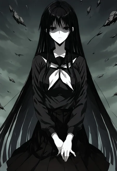 score_9, score_8_up, score_7_up, score_6_up, score_5_up, score_4_up, source_anime, 1girl, 1others, solo,
hagoromogitsune,monochrome girl,shaded face,empty eyes,black hair,pale skin,white skin,large breasts,very long hair,
school uniform,black serafuku,serafuku,black shirt,black skirt,
masterpiece, best quality, very aesthetic, absurdres,