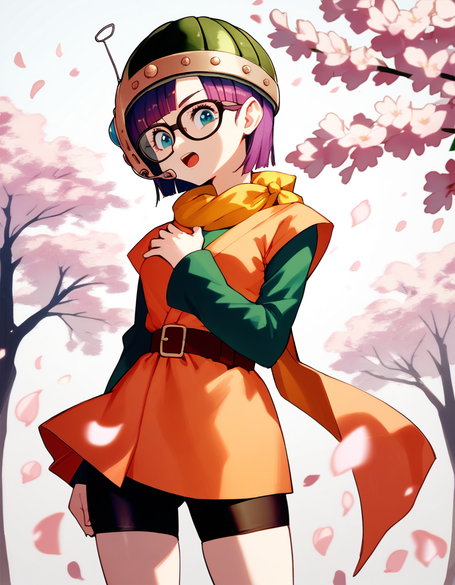 score_9, score_8_up, score_7_up, score_6_up, score_5_up, score_4_up
<lora:chrono-trigger-ponyxl-000027:1> lucca, glasses, scarf, helmet, belt, orange shirt, green sleeves, short over long sleeves, bike shorts
1girl, cherry blossoms, cowboy shot, from side, hand on own chest, looking at viewer, open mouth, petals, raised eyebrows, solo