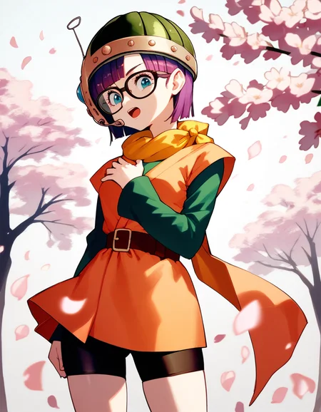 score_9, score_8_up, score_7_up, score_6_up, score_5_up, score_4_up
<lora:chrono-trigger-ponyxl-000027:1> lucca, glasses, scarf, helmet, belt, orange shirt, green sleeves, short over long sleeves, bike shorts
1girl, cherry blossoms, cowboy shot, from side, hand on own chest, looking at viewer, open mouth, petals, raised eyebrows, solo