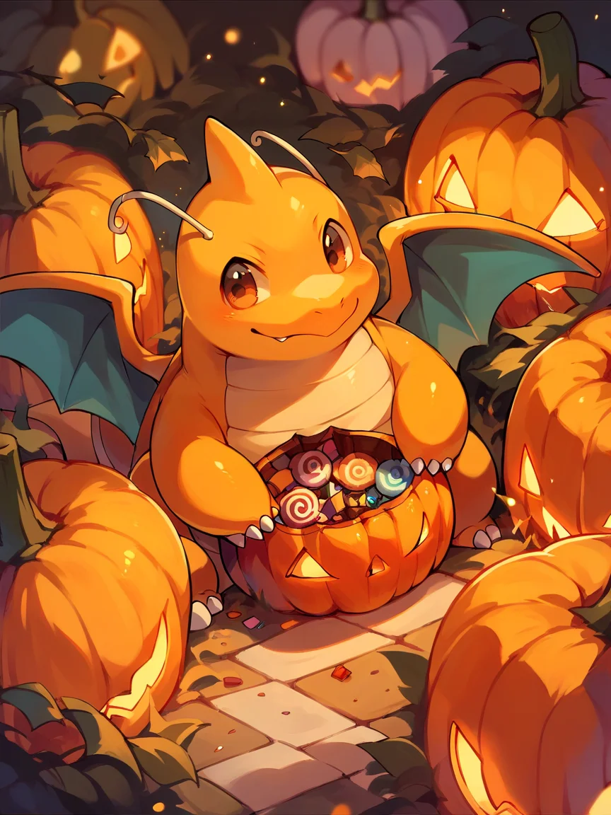 score_9, score_8_up, score_7_up, score_6_up, score_5_up, <lora:halloweenpokemonXLP:1> halloween pokemon, no humans, jack-o'-lantern, (dragonite:1), candy,