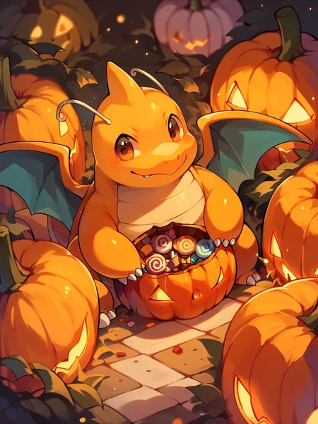 score_9, score_8_up, score_7_up, score_6_up, score_5_up,   <lora:halloweenpokemonXLP:1> halloween pokemon, no humans, jack-o'-lantern, (dragonite:1), candy,