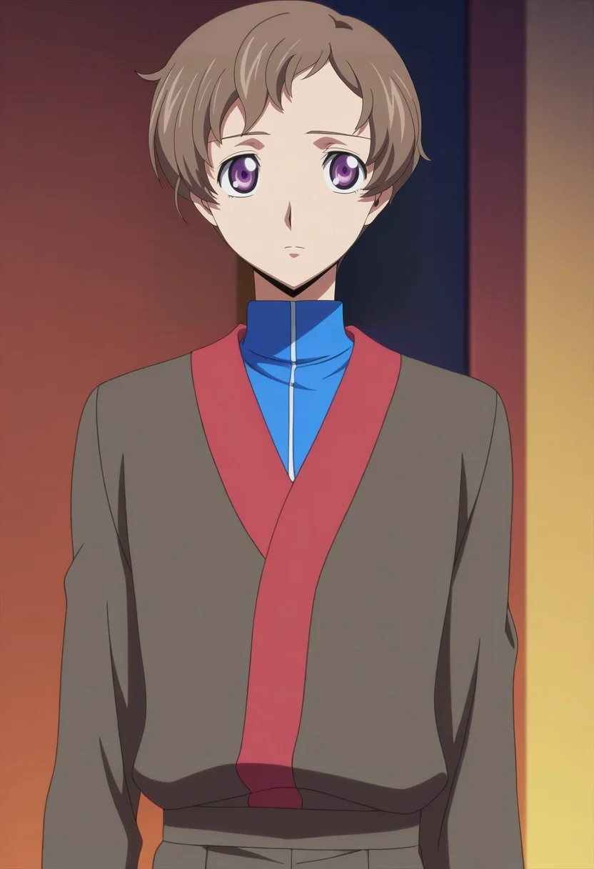 masterpiece, best quality, , anime screencap, anime coloring, official style,, 1boy, solo, male focus, <lora:rolo_lamperouge_ilxl:1>, rolo_lamperouge, brown hair, purple eyes, short hair, aged up, , , patriotic costume