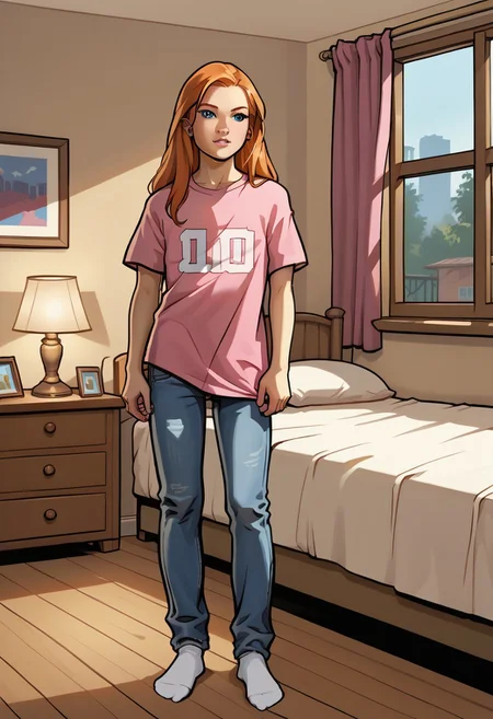 score_8, score_8_up, score_7_up, gtasa_style, gtasa_detailet, gtasa_loading_screen, 1girl, female focus, solo, Julie_power, blue eyes, long hair, orange hair, flat chest, pink shirt, t-shirt, jeans, socks, full body, standing, indoors, bedroom, bed, red sheets, nightstand, lamp, window, night,