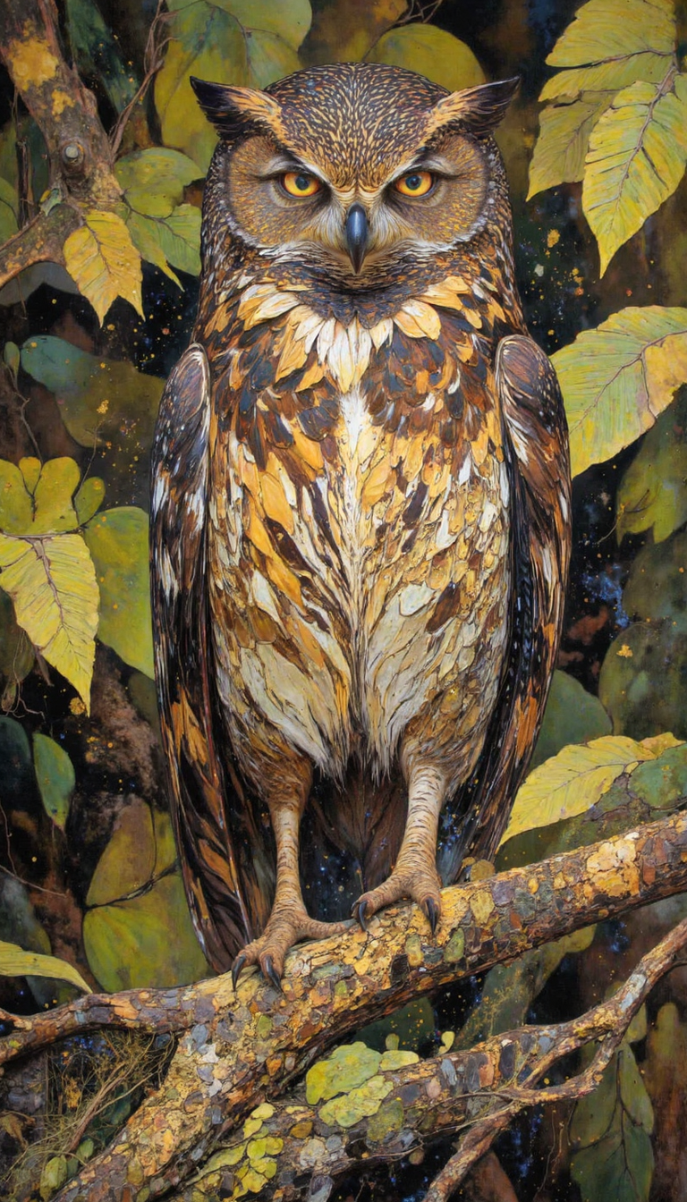 FFAIM,gold dust,DB4RZ style painting,golden cracks on white,mad-glwnggltch,horizontal brush stroke pattern,klimt, dyad color in fine details, A Spotted Owl ( *Strix occidentalis* ), perched on a lichen-encrusted branch. Dynamic three-quarter shot. Emphasize intricate, vermiculated plumage in shades of umber, sienna, and ochre.  Iridescence in yellow eyes.  Sharp talons gripping the branch.  Blurred, olive-green background bokeh. Soft, directional lighting highlighting the owl's face.  High resolution. Enhance background with subtle, crepuscular forest ambiance. Include delicate ferns and moss.