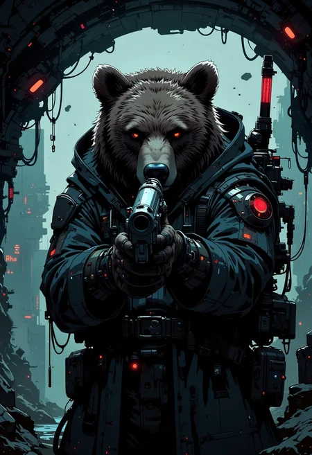 A digital artwork in the style of cknc, a grizzly bear is aiming a gun at the viewer, high tech cyberpunk cave in background, tenebrous, atmospheric, cinematic, moody, high contrast of shadow and light, great composition, masterwork, Niji Stan Katayama Style