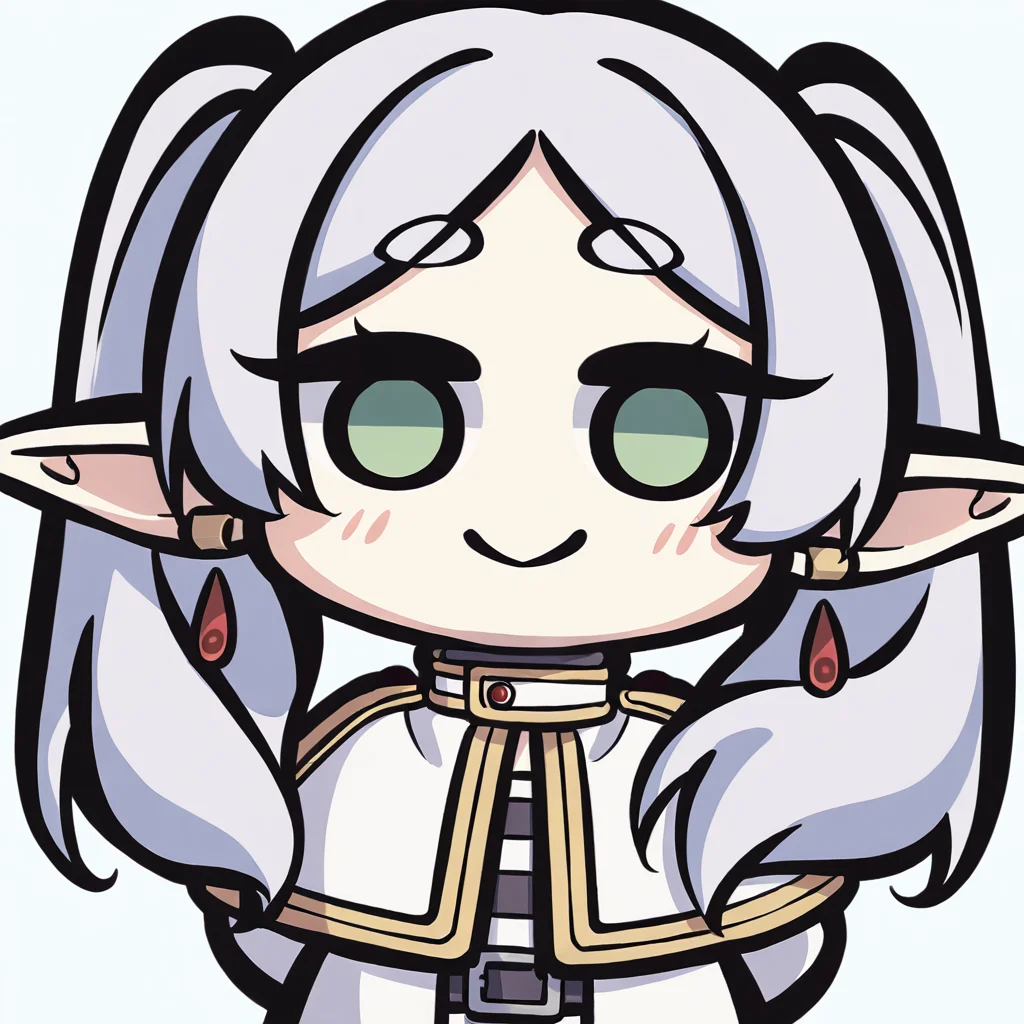 chibi,1girl,frieren,green eyes,grey hair,twintails,pointy ears,eyebrows,white capelet,long sleeves,earrings,striped shirt,arms behind back,smile,upper body,looking at viewer,solo,simple background,white background,<lora:Kei_Style_noob-4:1>,