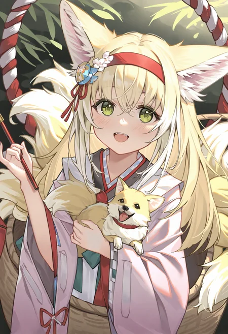 1girl, suzuran \(yukibare\) \(arknights\), suzuran \(arknights\), 
solo, black kimono, japanese clothes, hair ornament, animal ears, green eyes, :d, hair between eyes, holding, fox ears, smile, flower, long sleeves, streaked hair, in basket, animal ear fluff, hairband, fox girl, multicolored hair, holding animal, hair flower, pinky out, looking at viewer, long hair, very awa hurry \(meme\), upper body, red hairband, sidelocks, holding dog, meme, blush, official alternate costume, kimono, dog, blonde hair, fangs, white hair,
masterpiece, best quality, newest, absurdres, highres
 <lora:alguang2_noob1.1-000178:0.9>
