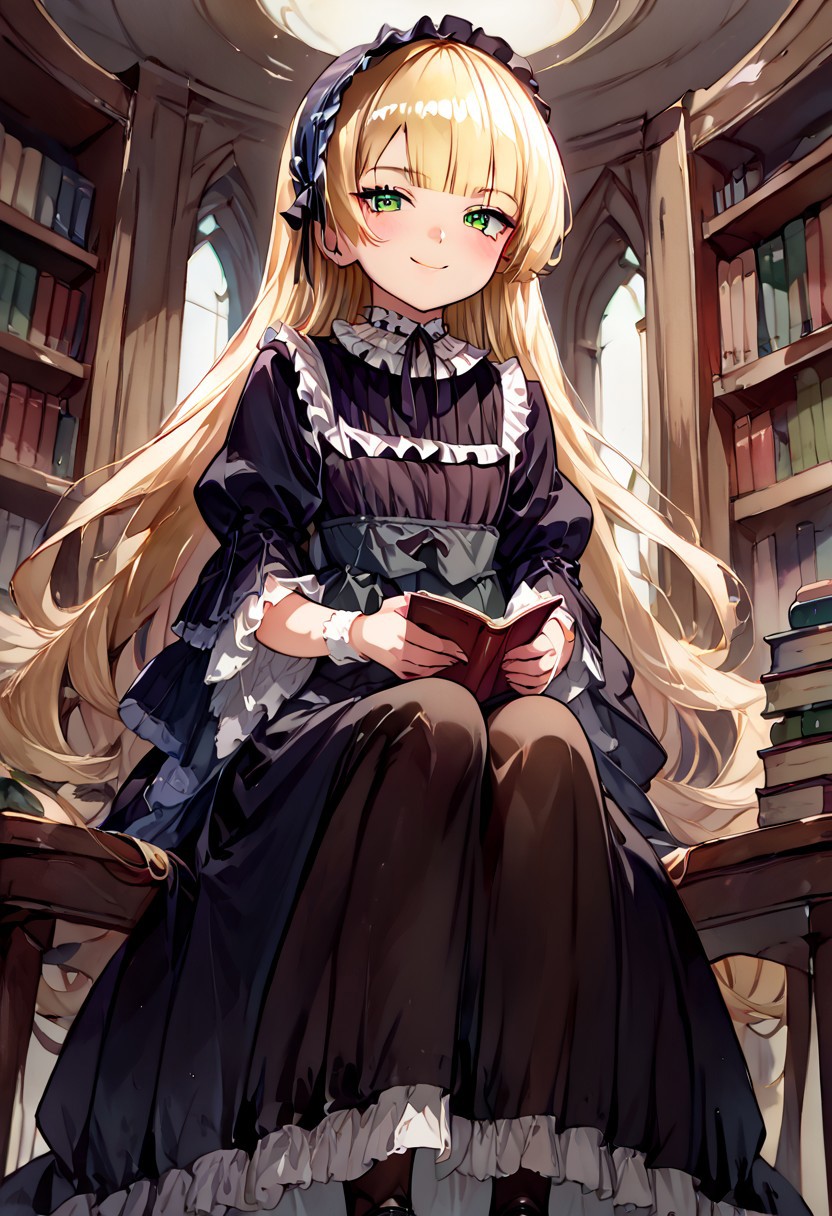 score_9, score_8_up, score_7_up, Expressiveh, source_anime, from below, 1girl, solo, flat chest, bright smile, blush, victorique de blois, blonde hair,long hair,blunt bangs,green eyes,black bonnet, hairband,chin strap,victorique_clothes,gothic, black dress, long dress, ribbon, frills,pantyhose,black shoes,indoor, European style, highly detailed, library,book,chair,sit,watercolor \(medium\), traditional media,