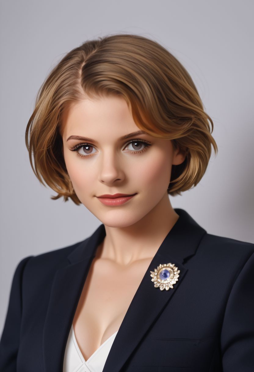 Masterpiece, (hasselblad 907x, sharp focus), photo-portrait, (3/4 view:1.5), (upper body:1.2), gorgeous woman, detailed face, short hair, <lora:Kate:1.8>, elegant, breathtaking, award winning photography, cinematic lighting,