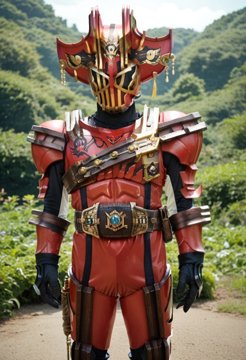 score_9, score_8, score_7, solo, armor, tokusatsu, bodysuit, helmet, rider belt, Pirate, red armor,