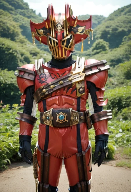 score_9, score_8, score_7, solo, armor, tokusatsu, bodysuit, helmet, rider belt, Pirate, red armor,
