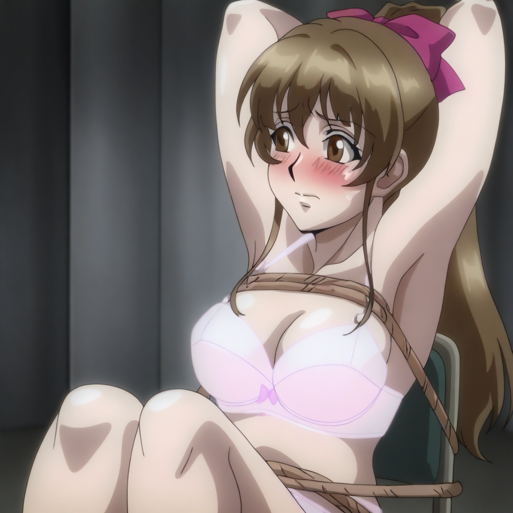 (SH1ZUK4SUN0H4R4:1.4), an anime styled image,1girl, brown hair, long hair, ponytail, hair bow, brown eyes, mature female, medium breasts, perky breasts, solo, cleavage, looking to the side, blushing, embarrassed, pink panties, pink bra, masterpiece, best quality, good quality, newest, indoors, dungeon, bdsm, restrained, sitting