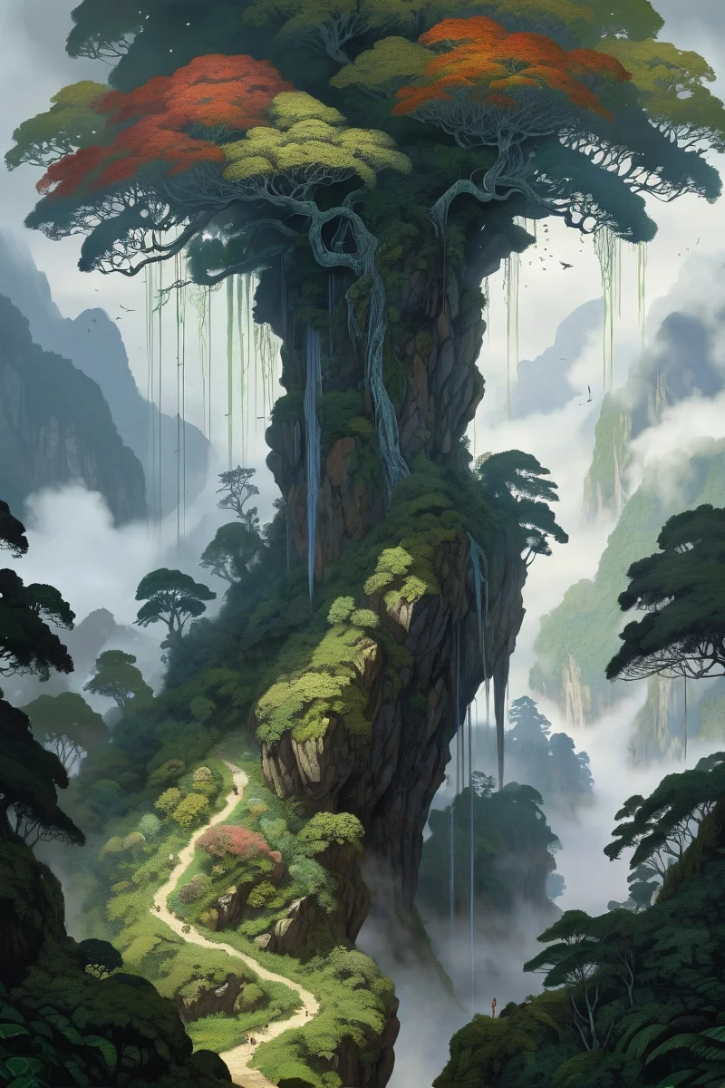 rainforest canopy layer showing epiphytes ,haunted vales where poltergeist storms shred stone, the air heavy with ectoplasmic rain that crystallizes into psychic amplifiers, mountain, rainbow morning,weather foggy in the rain cinematic view, epic sky, detailed, concept art, medium angle, high detail, warm lighting, volumetric, godrays, vivid, beautiful, trending on artstation, by Takato Yamamoto, huge scene, grass,flower, art greg rutkowski,