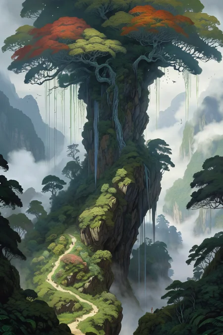 rainforest canopy layer showing epiphytes ,haunted vales where poltergeist storms shred stone, the air heavy with ectoplasmic rain that crystallizes into psychic amplifiers, mountain, rainbow morning,weather foggy in the rain cinematic view, epic sky, detailed, concept art, medium angle, high detail, warm lighting, volumetric, godrays, vivid, beautiful, trending on artstation, by Takato Yamamoto, huge scene, grass,flower, art greg rutkowski,
