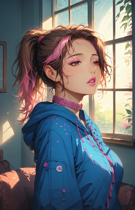 score_9,score_8_up,score_7_up, perfect hands, detailed background, smooth skin, detailed background, ukiyo-e, shiny skin, tiny leather couch, (looking out of the window:1.6), night, darkness, dimly lit, starlight, wide shot, printed onesie, blue onesie, window, back view, open eyes
(1 female), brown hair, pink highlights, high ponytail, detailed hair, large breasts, pale pink lipstick, detailed brown eyes, pink glossy eyeshadow, elongated Eyeliner, leather collar, parted lips
<lora:add-detail-xl:1> <lora:CORE:1> <lora:GarvGirlsPony:1> <lora:S1_Dramatic_Lighting_v2:0.7> s1_dram <lora:Eyes:0.5>
