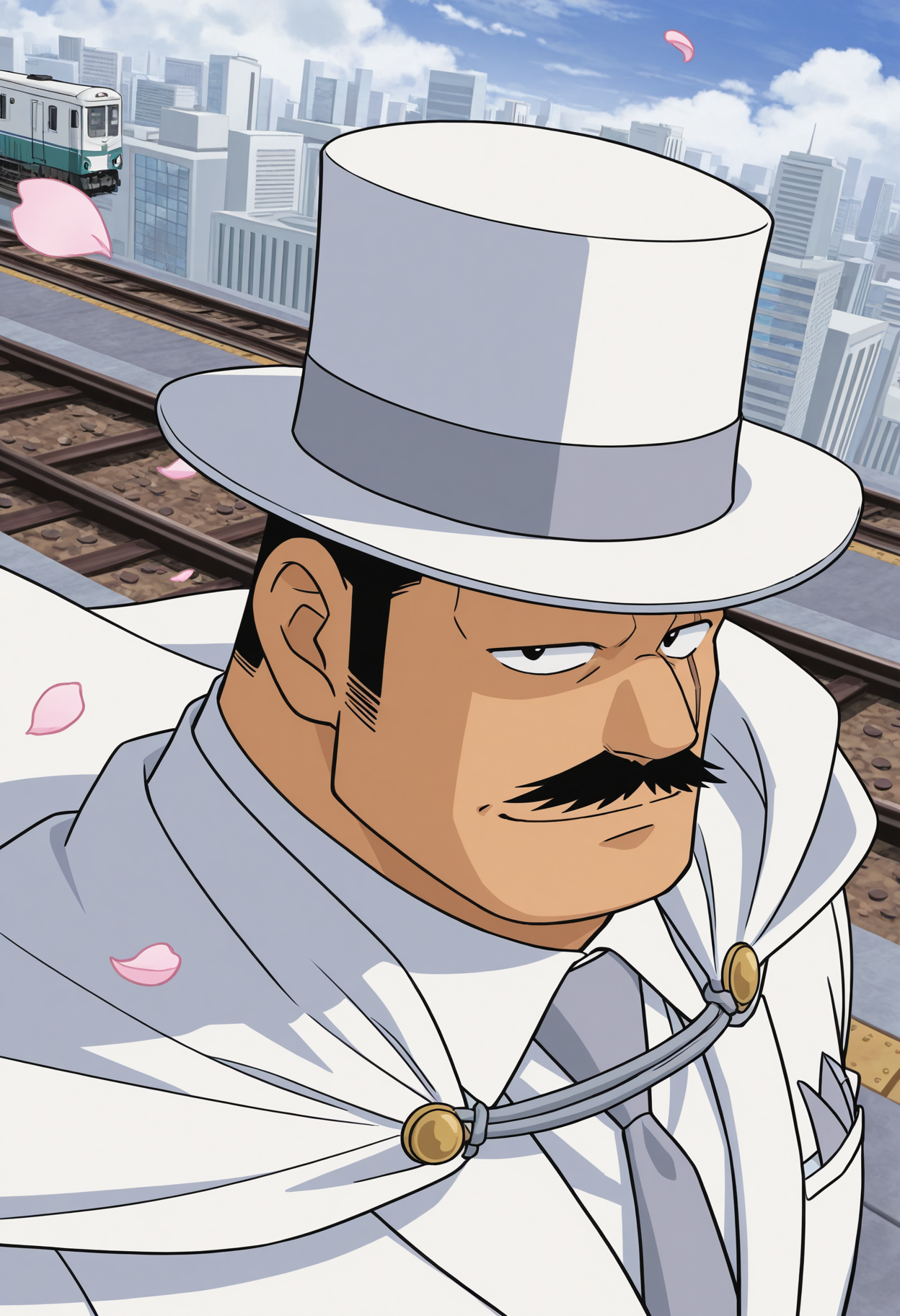 1boy, (portrait:1.7), looking at viewer, dutch angle, from above, falling petals, standing, above train, railroad tracks, naughty face,
BREAK
<lora:Kiyonaga_Matsumoto_from_Detective_Conan_v1.1:1> (plump:1.2), (long sideburns:1.5),
kiyonagamatsumoto, mature male, black hair, no eyebrows, flattop, thick mustache, forked mustache, scar across eye, anime screenshot,
BREAK
white suit, white hat, top hat, white cape, floating cape, standing, city, cityscape, day, cloudy sky,
BREAK
very awa, masterpiece, best quality, absurdres, newest, perfect quality, detailed background, intricate details,