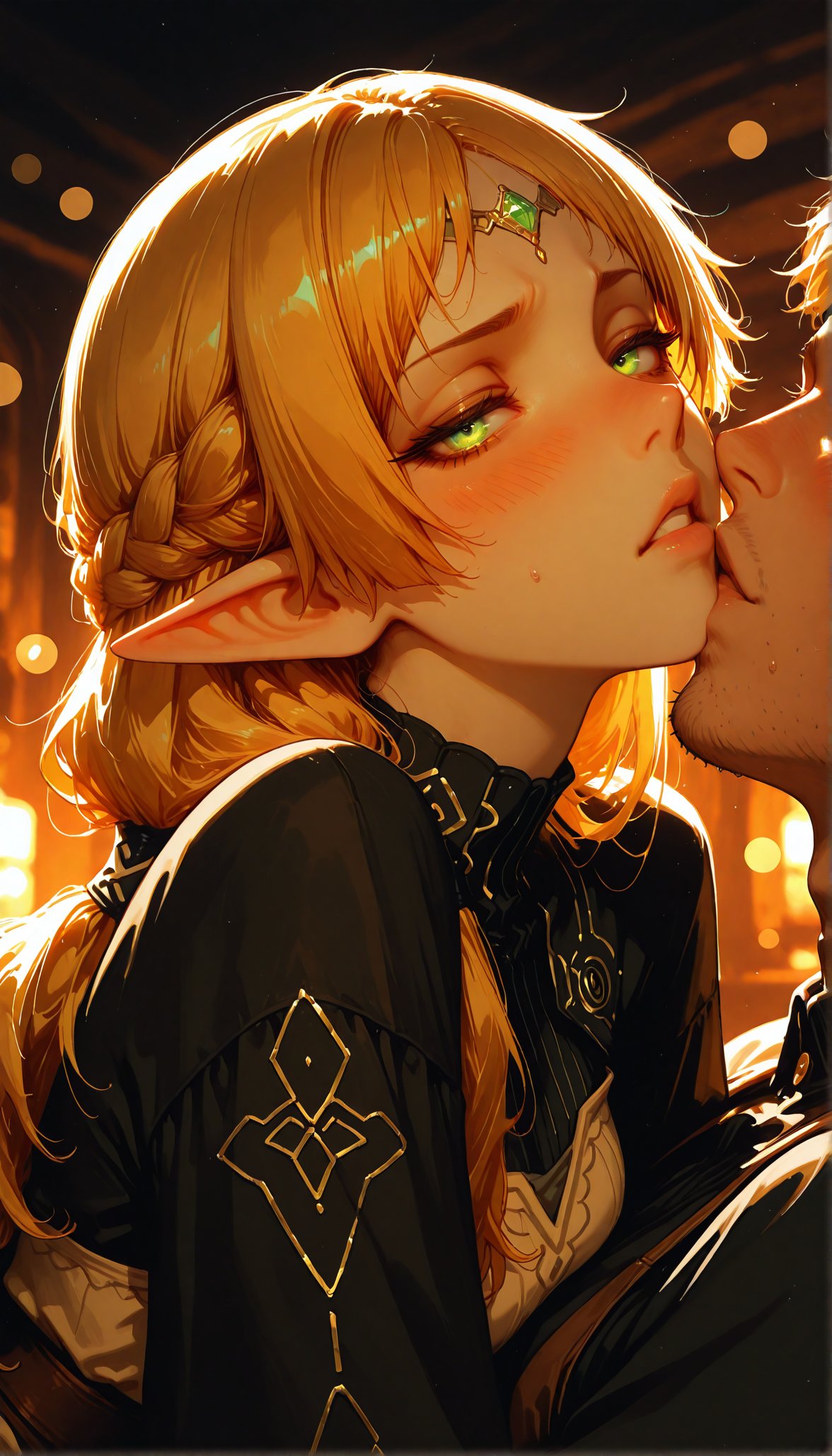 masterpiece, best quality, ultra detailed, amazing quality, very aesthetic, newest, (high res, 8k:1.2)
1girl, solo, sui \(isekai ojisan\), Riding on top of a man,
A girl in love, watery eyes, Tsundere, pleasured face, embarrassed, parted lips, kiss face,
green eyes, blonde hair, forehead jewel, pointy ears
looking at viewer, upper body
1boy, middle-aged, stubble
<lora:illustrious_best_quality_v1:0.5> <lora:ppw_v7_Illuv1.0_1_r2:0.6>
<lora:Detailer_NoobAI_Incrs_v1:0.6> <lora:illustriousXL_stabilizer_v1.23:0.35>
BREAK
cinematic lighting, blurred background, depth of field, bokeh
Medieval Inn
<lora:MoriiMee_Gothic_Niji_Style_Illustrious_r1:0.5> artist:moriimee
<lora:nhl-001:0.6> nhl-001, limited palette, realistic