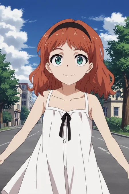 frill,1girl,solo,smile,hairband,dress,red hair,black hairband,freckles,white dress,collarbone, BREAK outdoors,blue sky,city,tree <lora:Frill_-_Wonder_Egg_Priority.safetensors:0.8> <lora:detailed_backgrounds_v2.safetensors:0.5>
