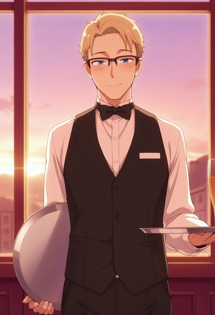 masterpiece,best quality,amazing quality, twilight, blonde hair, short hair, blue eyes, 1boy, male focus, glasses, waiter, solo, bow, bowtie, smile, vest, waistcoat, tray