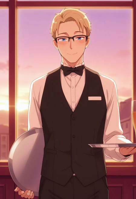 masterpiece,best quality,amazing quality, twilight, blonde hair, short hair, blue eyes, 1boy, male focus, glasses, waiter, solo, bow, bowtie, smile, vest, waistcoat, tray