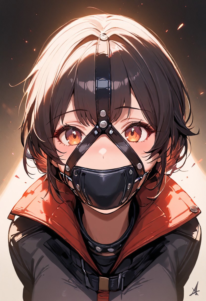 high quality, best quality, masterpiece, 1girl, portrait, panelgag, panel gag, face harness, front view