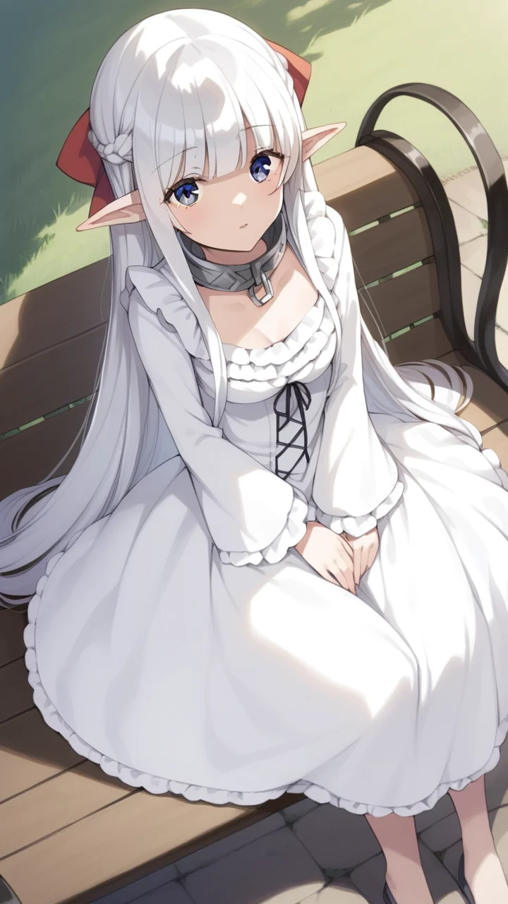score_9, score_8_up, score_7_up, source_anime, BREAK
1girl, solo, dynamic angle, looking at viewer, from above, BREAK
outdoors, bench, under a tree, shadow, grass BREAK
<lora:Nephilia:0.8>, nephilia, white hair, very long hair, (blue eyes:1.2), braid, pointy ears, elf, red bow, blunt bangs, metal collar, frills, long sleeves, frilled sleeves, white dress, white dress, frilled dress, (small breasts:1.2), cleavage, sitting on floor, uneasy