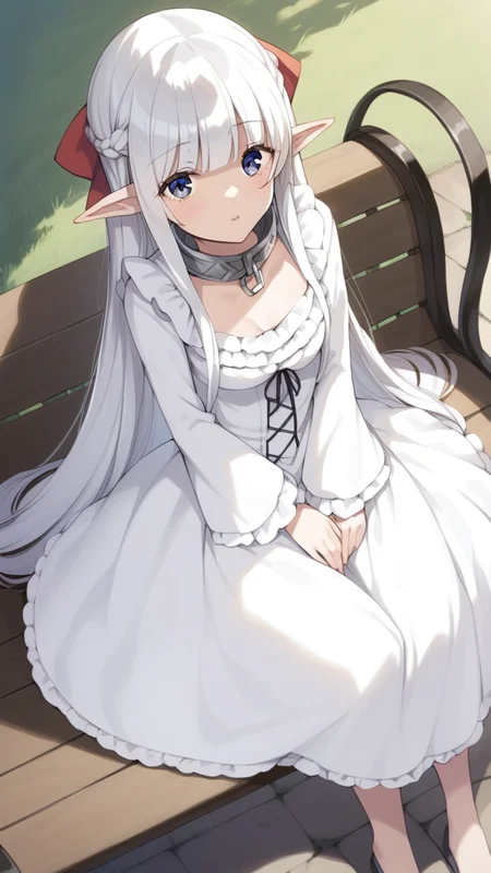 score_9, score_8_up, score_7_up, source_anime, BREAK
1girl, solo, dynamic angle, looking at viewer, from above, BREAK
outdoors, bench, under a tree, shadow, grass BREAK
<lora:Nephilia:0.8>, nephilia, white hair, very long hair, (blue eyes:1.2), braid, pointy ears, elf, red bow, blunt bangs, metal collar, frills, long sleeves, frilled sleeves, white dress, white dress, frilled dress, (small breasts:1.2), cleavage, sitting on floor, uneasy