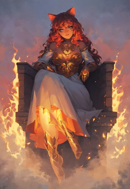 ((goddess of fire, beautiful woman, sexy body, dramatic light)), summer dress, cat ears, ((score_9, score_7_up, sunset)), perfect cute face, full body, sitting on fire, raindrops, horny face, 43stl1ght1ng, low light, dramatic lighting, darkness, eye lighting,