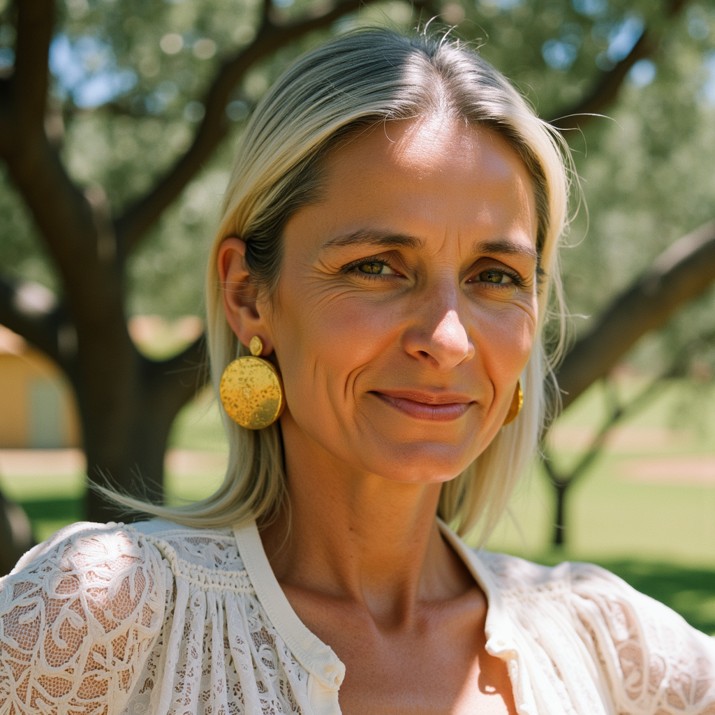 Ultra quality, ultra realistic, ultra detailed skin textures and colors,beneath the partial shadow of an olive tree in rural Andalucia, a woman stares into the lens with serene confidence. Her face is tanned, sun-kissed from days outdoors, with deep marionette lines that catch the side light beautifully. She wears an ivory eyelet lace blouse by SÃ©zane, slightly undone at the neck, with large gold disc earrings catching sunlight as she shifts slightly. Photographed tightly with a Hasselblad 500CM and 120mm Makro-Planar f/4 on Ilford Delta 100 for exquisite tonal rendering and skin grain, this close-up uses dappled sunlight filtered through the leaves above her, broken up by a scrim held over her head to soften any hard lines. The background disappears into blur, but the branches frame her like an old master painting. The image is unflinching, gentle, and timelessâa reverent capture of natural aging and stillness.
 <lora:Detailed Skin&Textures Flux V3:0.6> dsv4