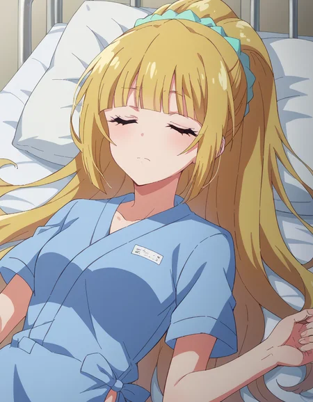 score_9, score_8_up, score_7_up, source_anime,
keikaruizawa, <lora:kei-karuizawa-anime-s2-ponyxl-lora-nochekaiser:1>,
kei karuizawa, long hair, bangs, blunt bangs, blonde hair, shirt, hair ornament, ponytail, scrunchie, blue scrunchie,
<lora:hospital-gown-ponyxl-lora-nochekaiser:1>, hospital gown, bed, hospital bed, intravenous drip, lying on back, closed eyes,
looking at viewer, cowboy shot, dutch angle,