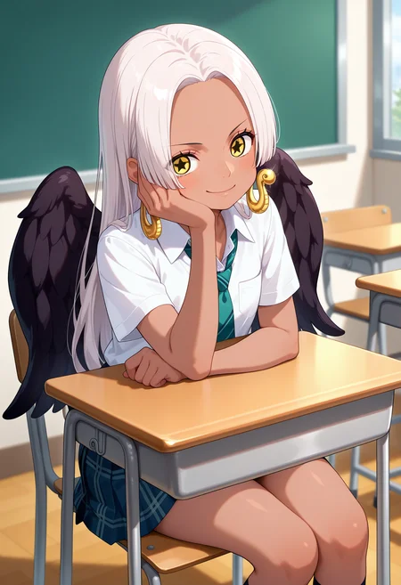 best quality, masterpiece, aass, long hair, white hair, dark-skinned female, earrings, yellow eyes, star-shaped pupils, black wings, <lora:s-snake_ilxl_v1:0.9>, school uniform, arm rest, hand on own cheek, sitting, desk, smile, classroom, on chair,