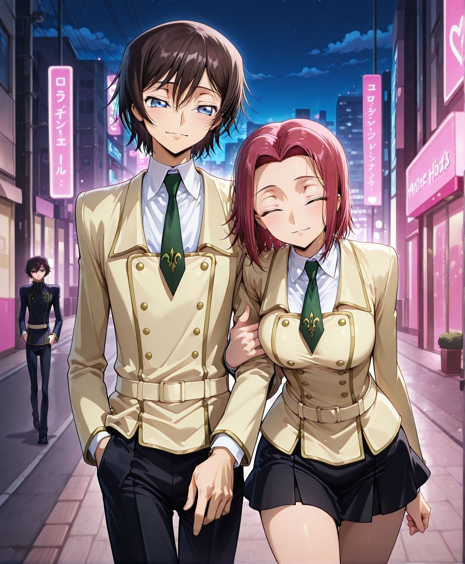 <lora:add-detail-xl:0.5>,,masterpiece, best quality, newest, absurdres, highres, detailed eyes, beautiful, detailed background, perfect eyes, anime coloring, anime screencap,
<lora:sugar_dating:1>sugar_datingV1,
girl hooks her arm around the boy’s arm,night, walking,
1girl, 1boy, hetero,  light smile, facing viewer,  
outdoors, love hotel, street,sexually suggestive,
head lying on shoulders, A street lined with love hotels,
BREAK
Lelouch lelouch vi britannia,
kallen stadtfeld,red hair,short hair,blue eyes,kallen school uniform,shot,green necktie,black skirt,yellow uniform,ashford academy uniform, <lora:Takahiro Kimura_illustriousXL:1>,
code geass, 
official style, official art, 
20YO, milf,adult couple,