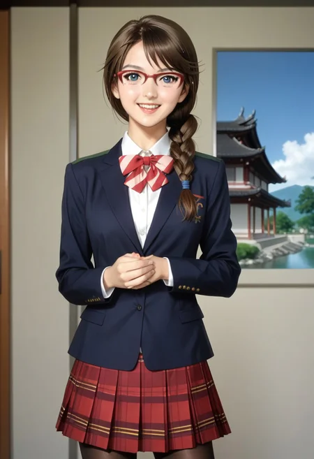 japanese castle, japanese traditional park, (photo realistic, japanese girl), ( hasegawa_hinako, 1girl, pantyhose, glasses, skirt, braid, brown hair, blue eyes, hair over shoulder, school uniform, single braid, shoes, jacket, blazer, long hair, pleated skirt, plaid skirt, looking at viewer), open mouth, looking at viewer, 1girl, (alone), best quality, cowboy shot, seductive smile, large breast, Overall Detail, (slim, standing, looking at viewer, young-adult, one hand on waist, contrapposto) realistic hands, bare thigh, handfixer, cheerful, adorable, tony taka,
