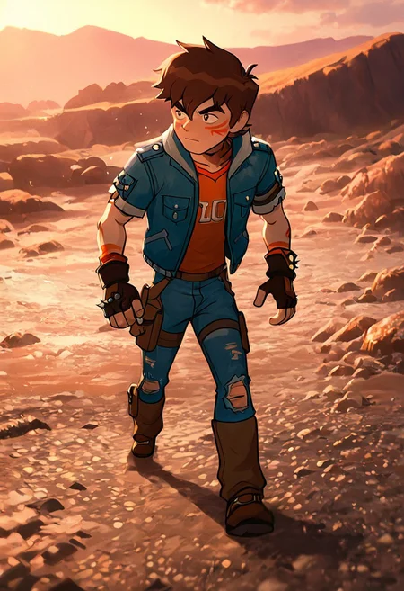 masterpiece, best quality, amazing quality, very aesthetic, absurdres, newest,
benov, short hair, brown hair, 1boy, solo,, thick eyebrows, brown cargo pants,
wasteland, rocks, blue jeans jacket, ripped sleeves fingerless gloves, face markings, painted face marks, spiked shoulder guard, orange undershirt, spiked hair, bully hair,